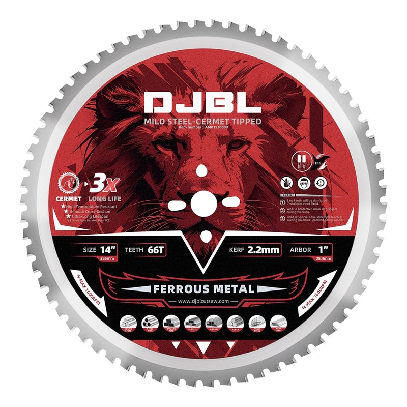 JBL 14 Inch Steel Cutting Saw Blade Adapted for Evolution 14 Inch Chop Saw and Other,66 Tooth Ferrous Metal Cermet Tipped Saw Blade, Arbor 2.2MM, 14” Metal Cutting Circular Saw Blade - Image 1